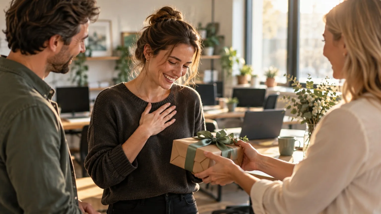 Kolleginnen und ein Kollege überreichen im Büro ein persönliches Abschiedsgeschenk