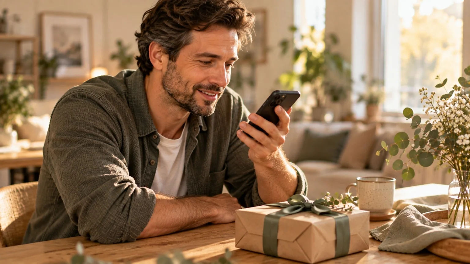 Ein Mann spricht eine persönliche Botschaft in sein Smartphone; vor ihm liegt ein verpacktes Geschenk