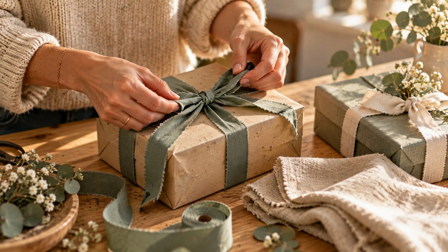 Hände binden ein Stoffband um ein Geschenk in Papierverpackung
