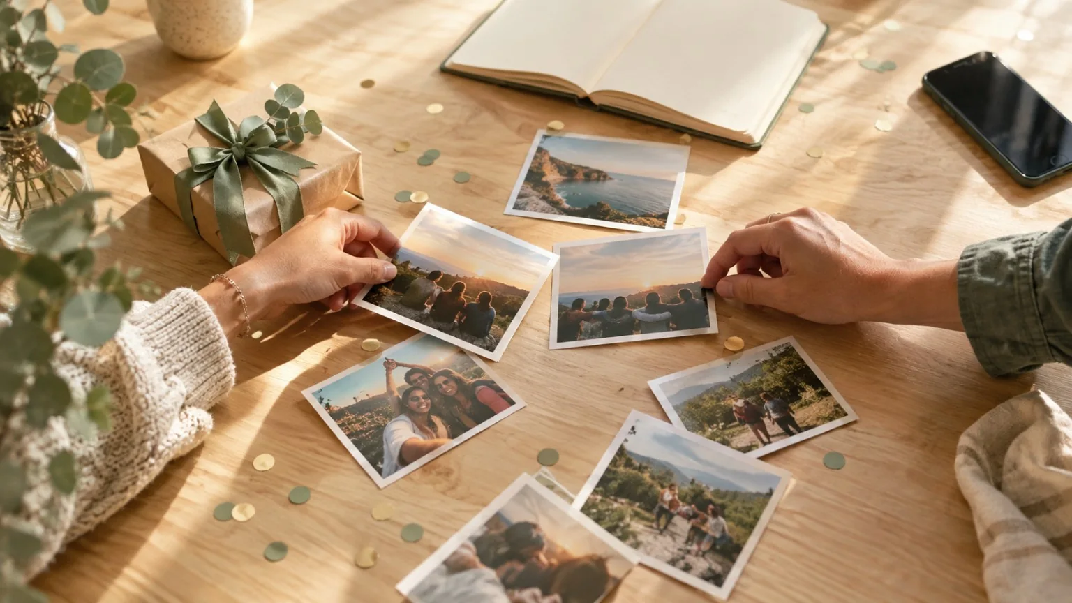 Zwei Personen wählen gemeinsame Erinnerungsfotos für ein Geburtstagsgeschenk aus