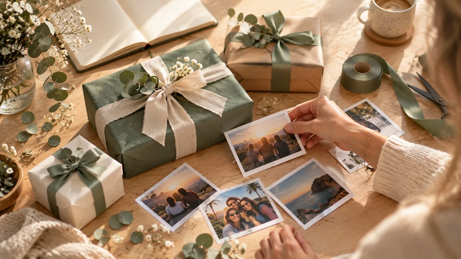 Verpackte Geschenke und gemeinsame Erinnerungsfotos auf einem Holztisch