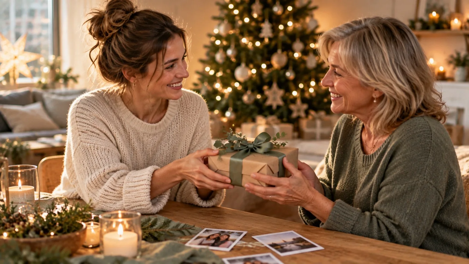 Zwei Frauen halten gemeinsam ein Geschenk mit grünem Band vor einem beleuchteten Weihnachtsbaum