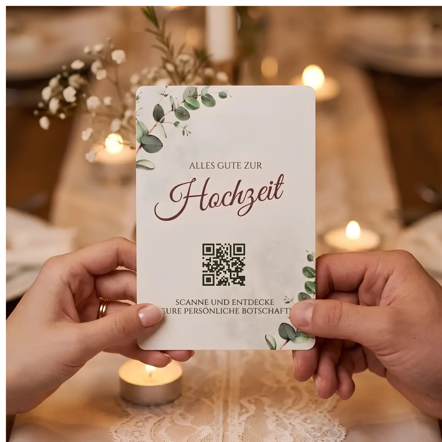 Bedruckte Monvou Hochzeitskarte aus Aluminium mit Eukalyptusmotiv und QR-Code, gehalten von zwei Händen