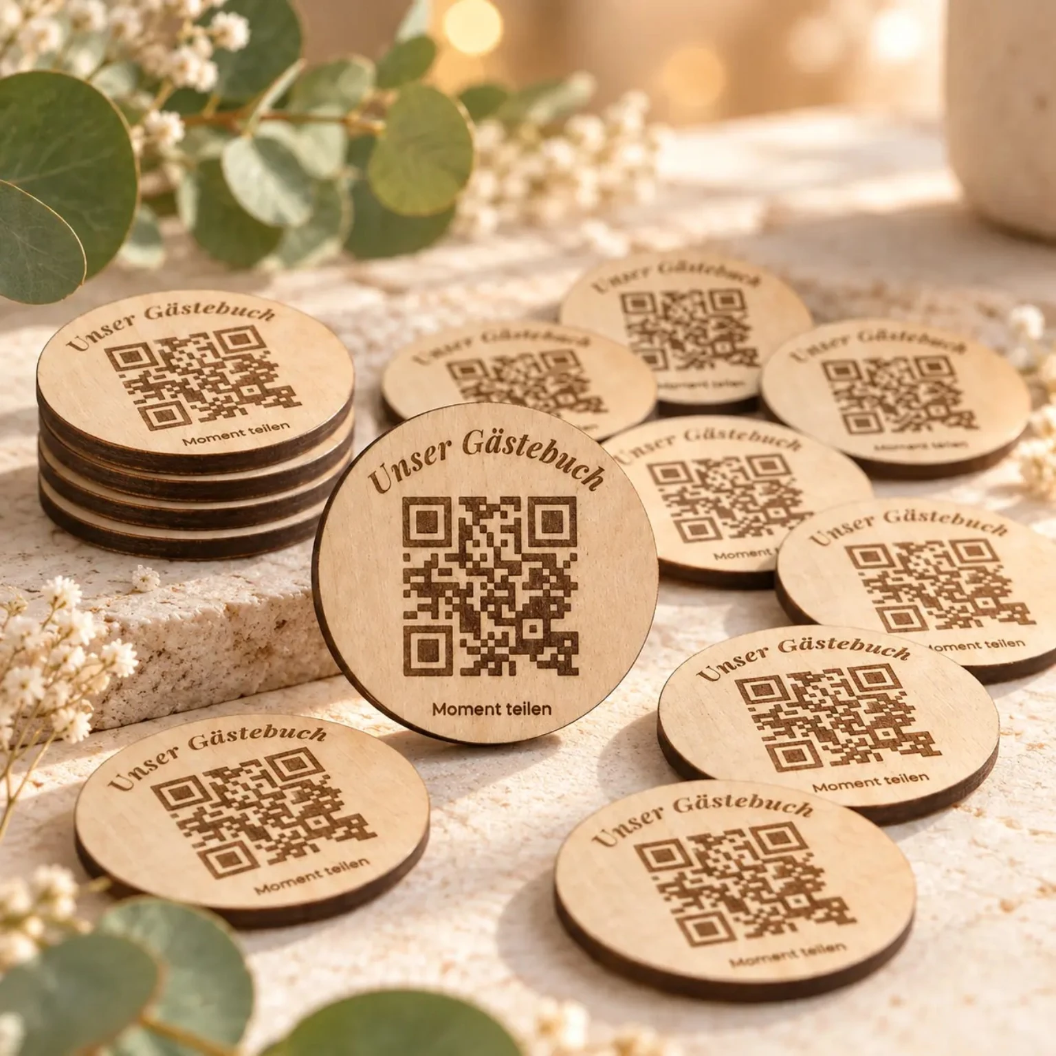 Runde Monvou QR-Coins für ein gemeinsames digitales Gästebuch