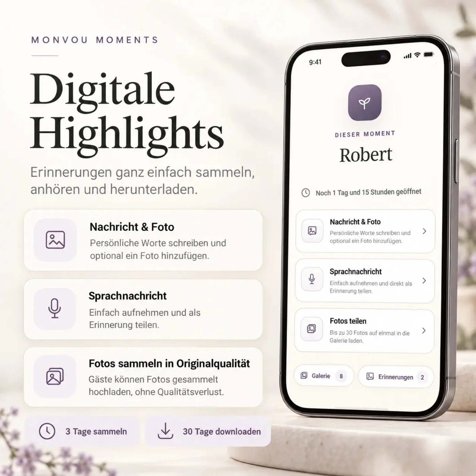 Überblick über Nachrichten, Sprachnachrichten und Fotos im digitalen Gästebuch