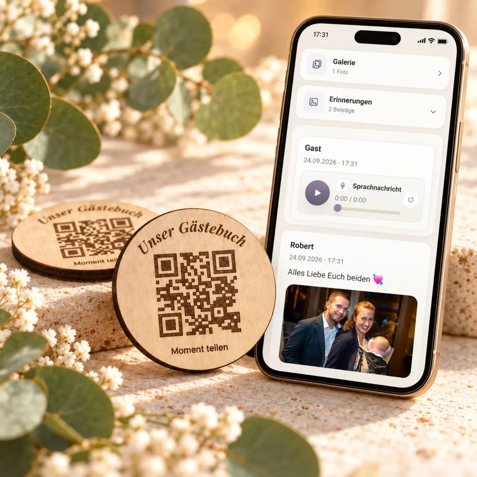 Digitale Erinnerungen mit Foto und Sprachnachricht neben einem Monvou Coin