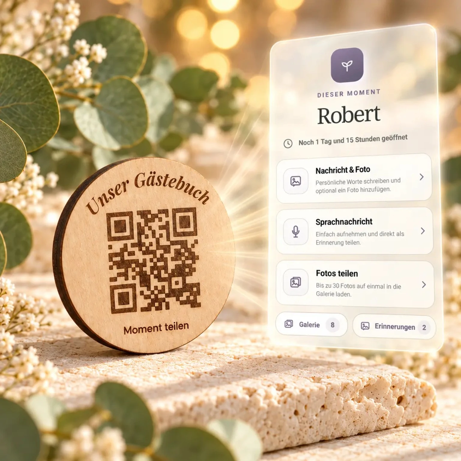 Monvou QR-Coin mit schwebender digitaler Gästebuchansicht