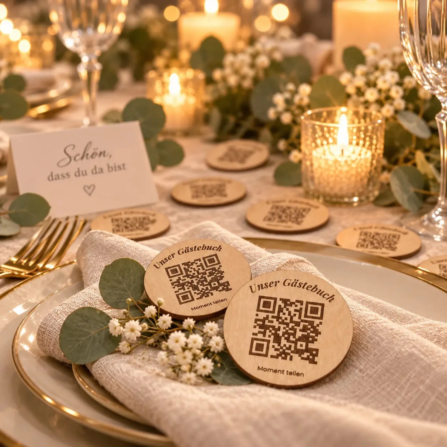 Monvou QR-Coins auf einer festlich gedeckten Hochzeitstafel