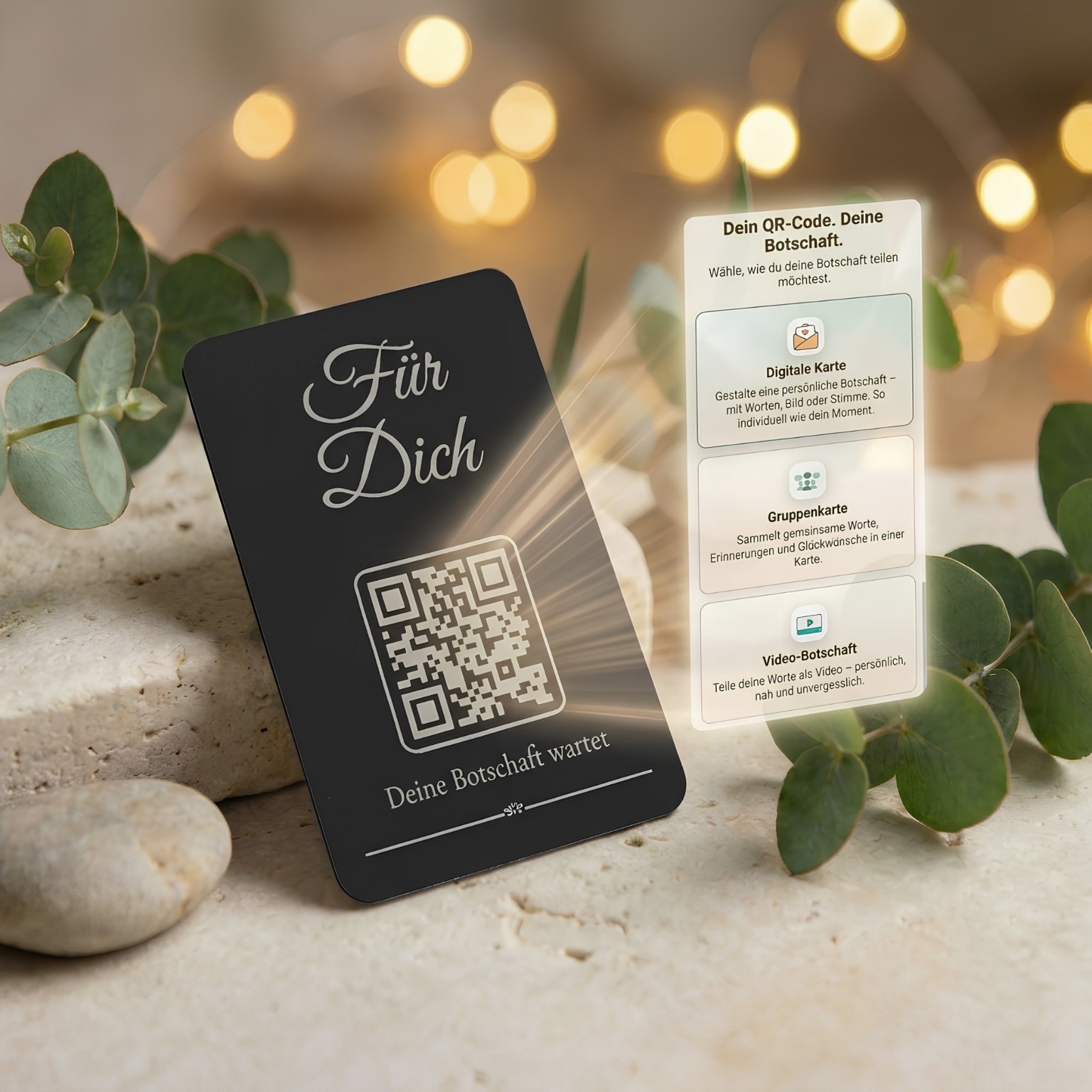 Schwarze Monvou Metallkarte „Für Dich“ mit individuellem QR-Code