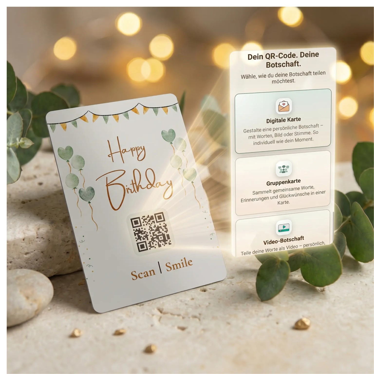 Weiße Monvou Metallkarte „Happy Birthday“ mit grün-goldenem Design und individuellem QR-Code