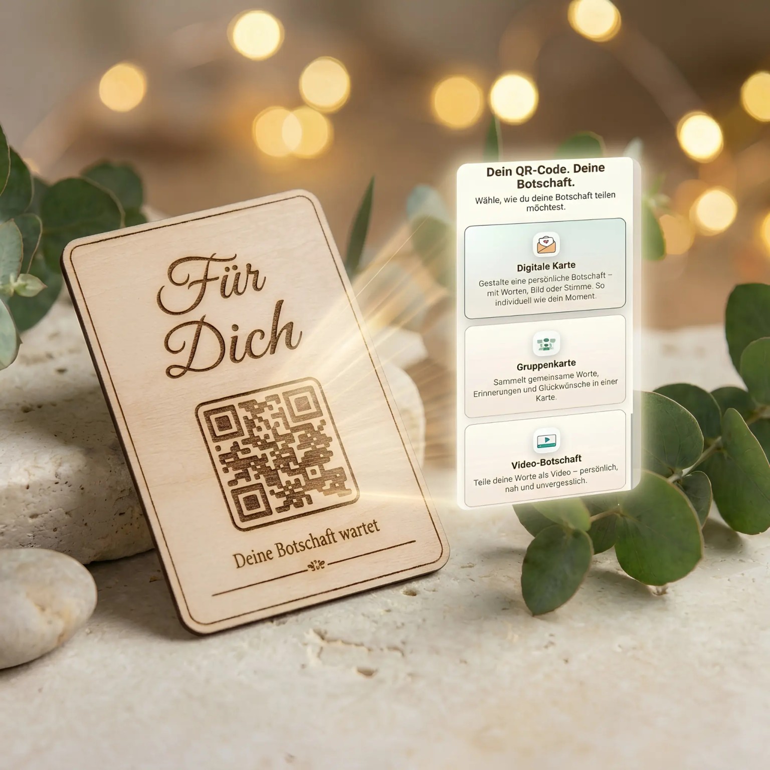 Kompakte Monvou Holzkarte „Für Dich“ mit QR-Code neben einer Vorschau für digitale Karte, Gruppenkarte und Video-Botschaft