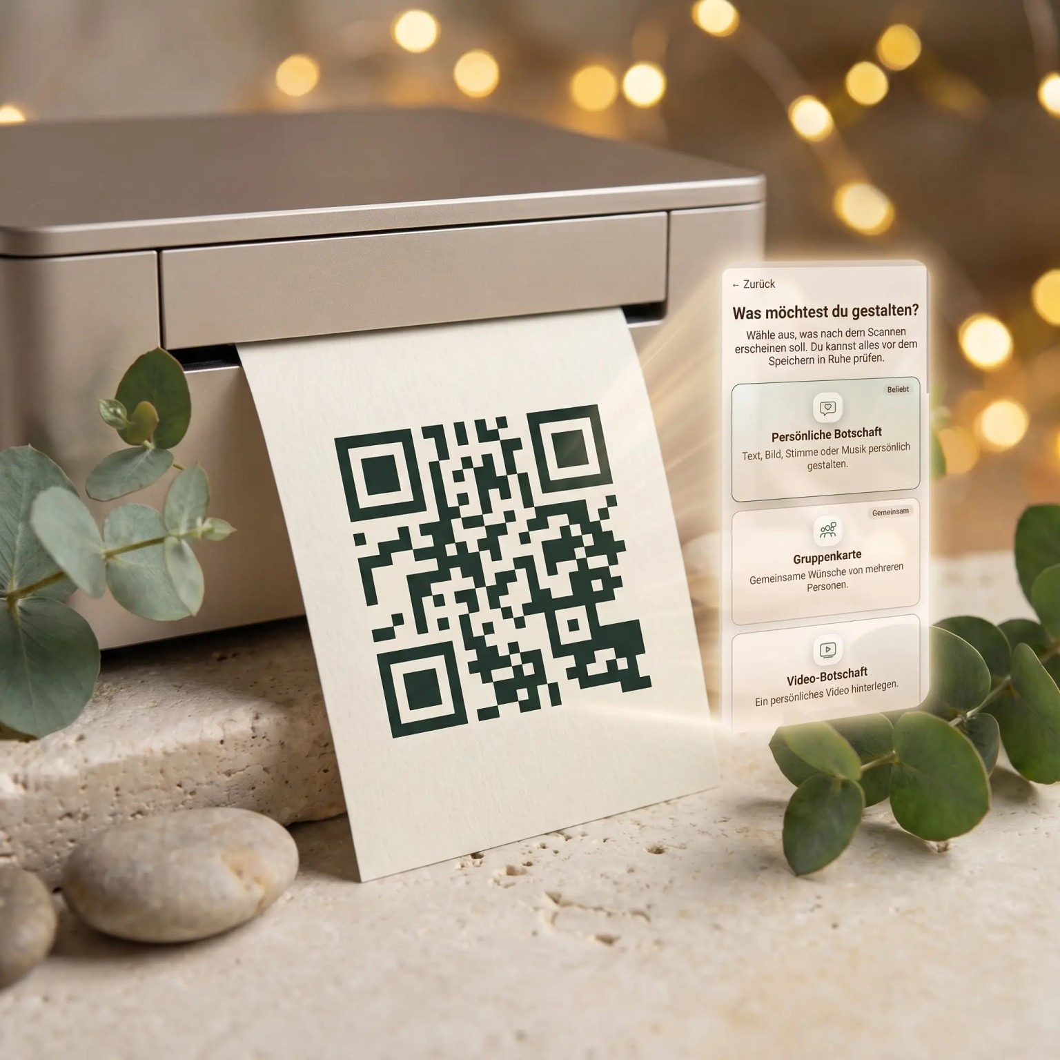 Printable Monvou QR code coming from a printer with a preview of the digital message beside it