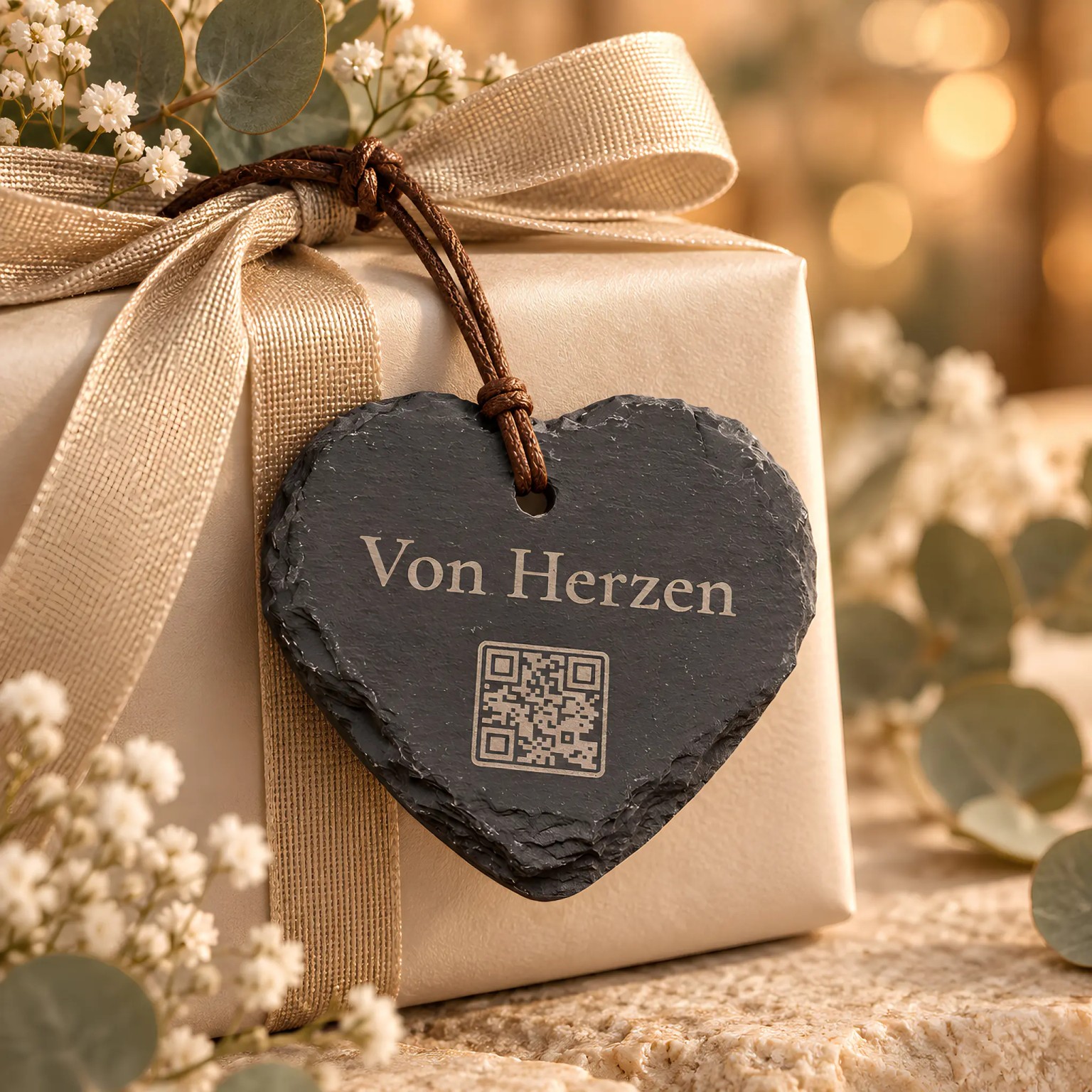 Schieferherz „Von Herzen“ mit individuellem QR-Code, an einer Kordel an einem verpackten Geschenk befestigt