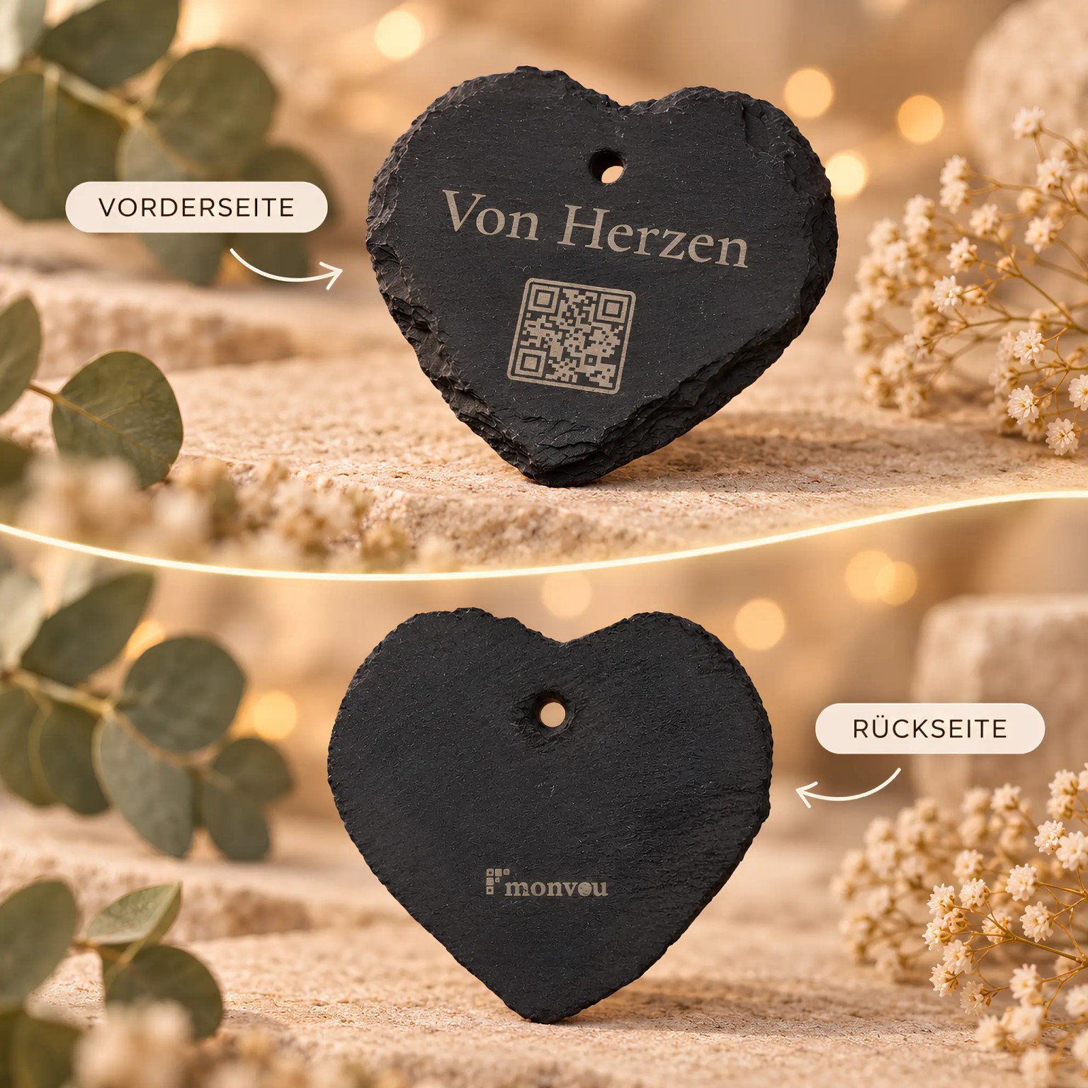 Vorderseite des Schieferherzens mit Gravur „Von Herzen“ und QR-Code sowie Rückseite mit Monvou-Logo