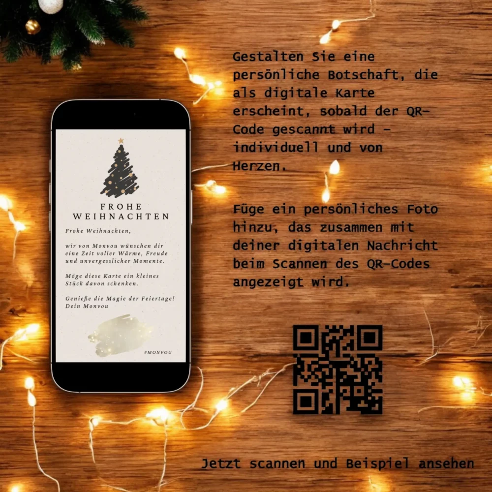 Smartphone mit digitaler Weihnachtskarte, Text 'Frohe Weihnachten' und persönlicher Nachricht. Anleitung zur Gestaltung mit QR-Code, umgeben von Lichterketten auf Holzuntergrund. Perfekt für individuelle und festliche Weihnachtsgrüße.