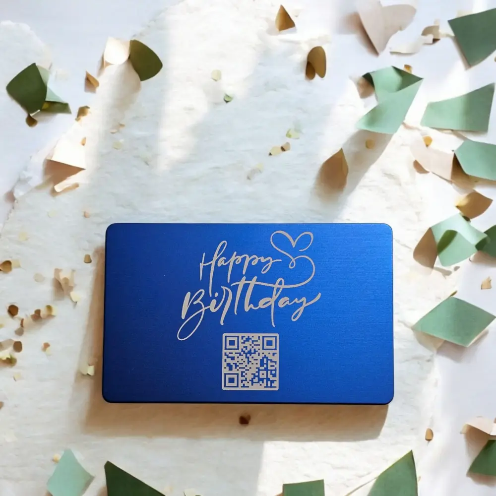 Metal Moments – Metallkarte „Happy Birthday“ mit QR-Code