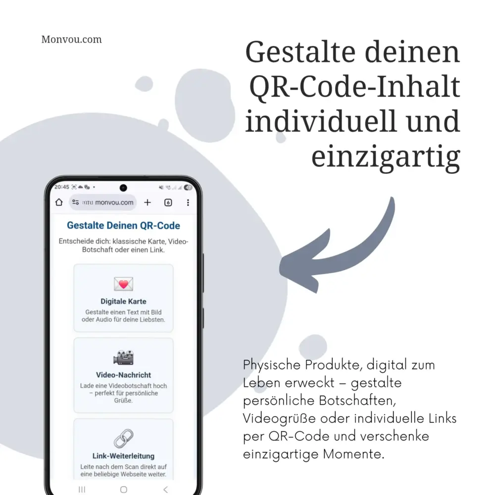 Monvou QR-Code-Plattform: Wähle zwischen digitaler Grußkarte, Videobotschaft oder Link-Weiterleitung. Gestalte persönliche Inhalte für physische Geschenke einfach online.