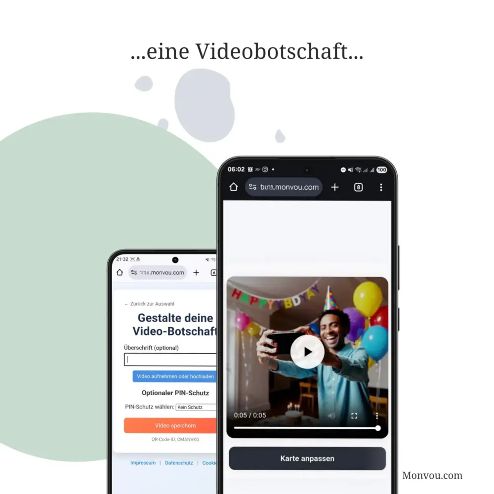 Erstelle persönliche Videobotschaften mit Monvou – zeige deine Glückwünsche in einem kurzen Video, das per QR-Code auf einer Karte abspielbar ist. Beispiel mit Geburtstagsvideo.