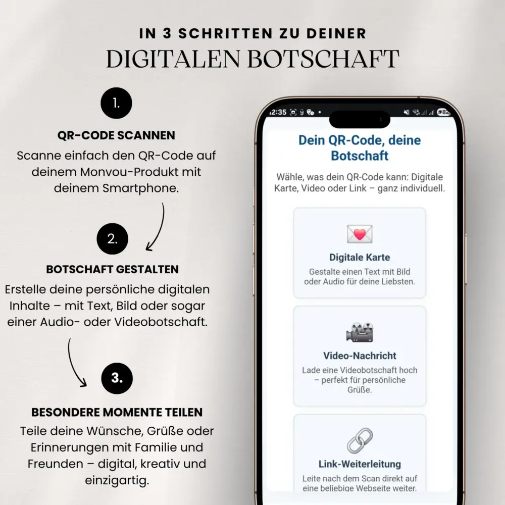 Einfache Anleitung: QR-Code auf Blumenstick scannen und digitale Botschaft gestalten.