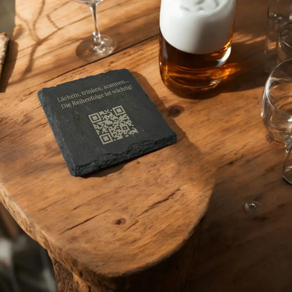 Gravierte Schiefer-Untersetzer mit QR-Code und Spruch auf Holztisch – modernes Geschenk mit digitalem Gästebuch.
