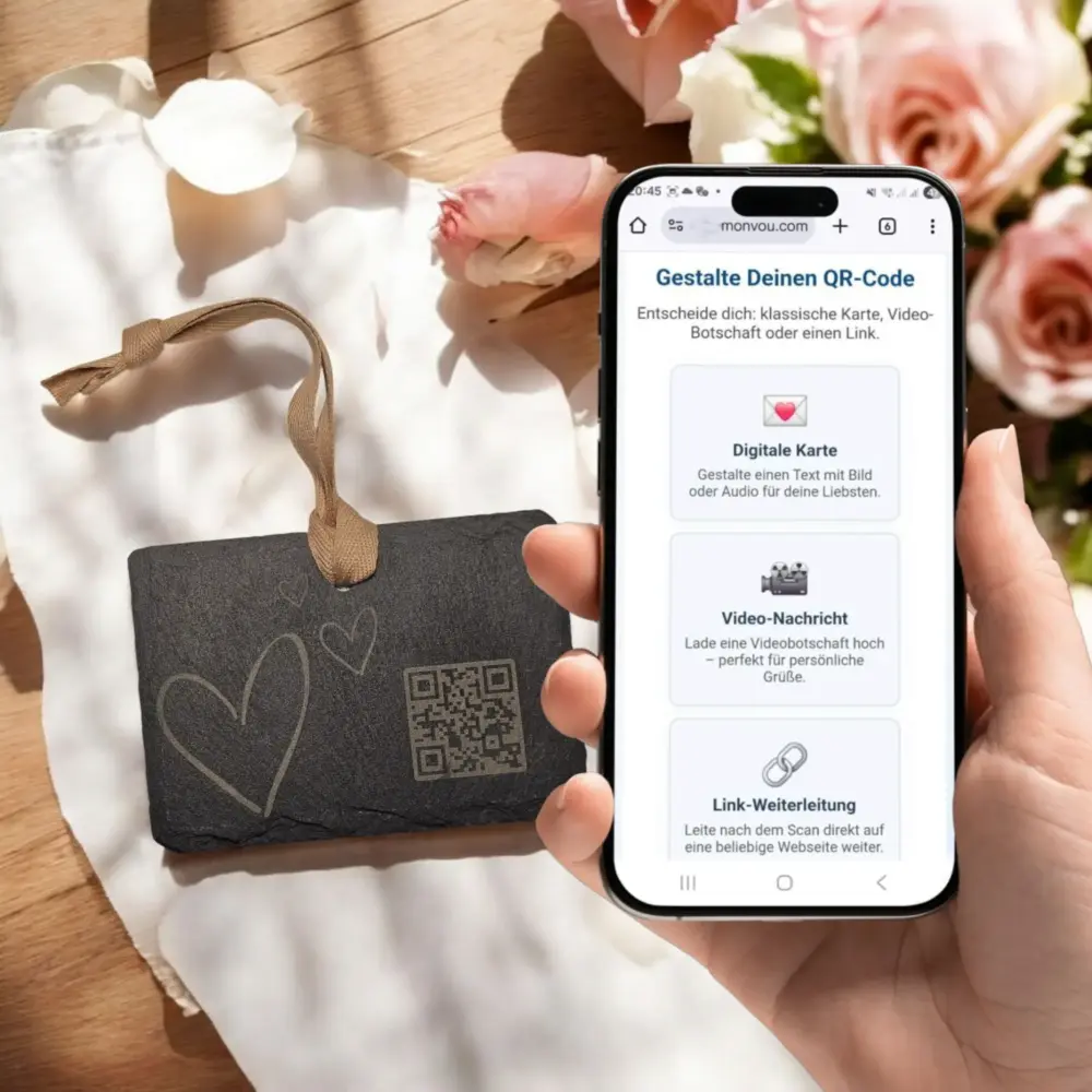 Rechteckiger Schiefer-Anhänger „Love“ mit dezent gelaserter Herzskizze und QR-Code, auf hellem Stoff liegend, neben Smartphone mit Monvou-QR-Code-Editor.