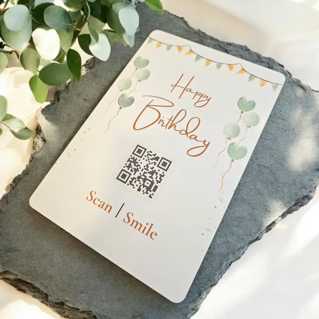 Große Metallkarte „Happy Birthday“ mit QR-Code, dekorativ auf einer Schieferplatte platziert – ideal als innovativer Geburtstagsgruß zum selbst Gestalten.