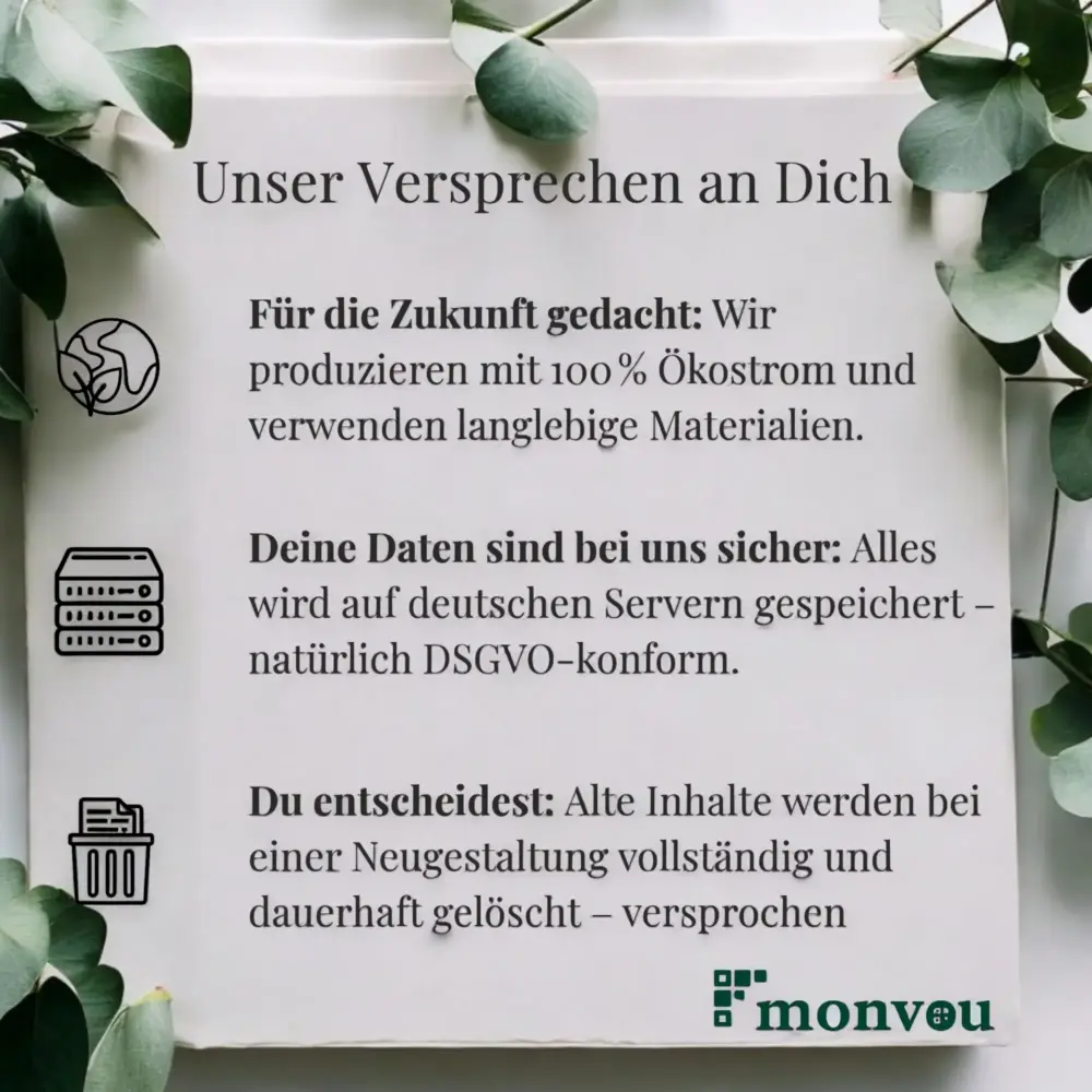 Nachhaltiges Versprechen von monvou: Ökostrom, Datenschutz auf deutschen Servern und vollständige Datenlöschung bei Neugestaltung.