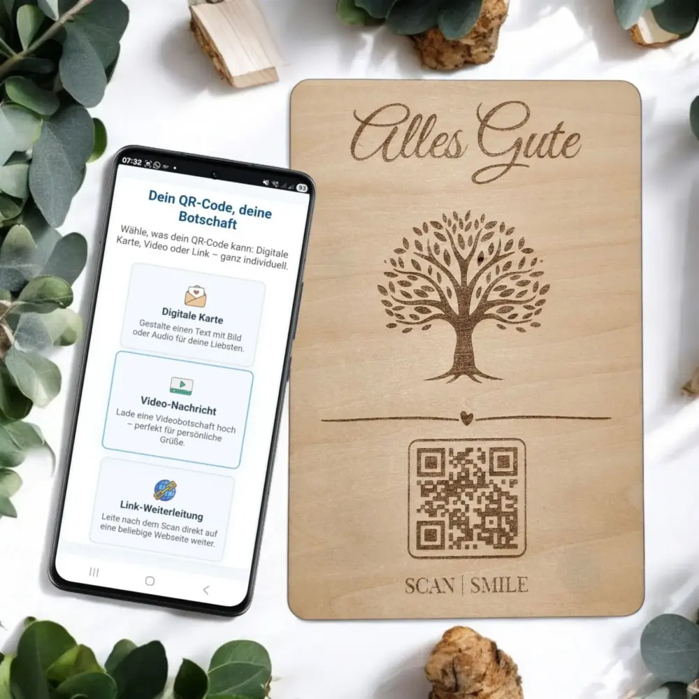Holzkarte „Alles Gute“ mit Smartphone – QR-Code führt zur digitalen Botschaft