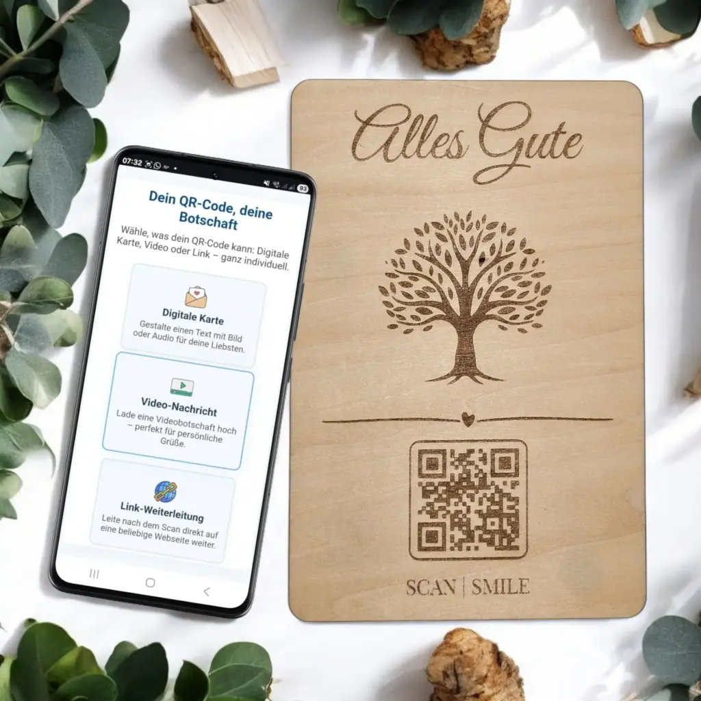 Holzkarte „Alles Gute“ mit Smartphone – QR-Code führt zur digitalen Botschaft