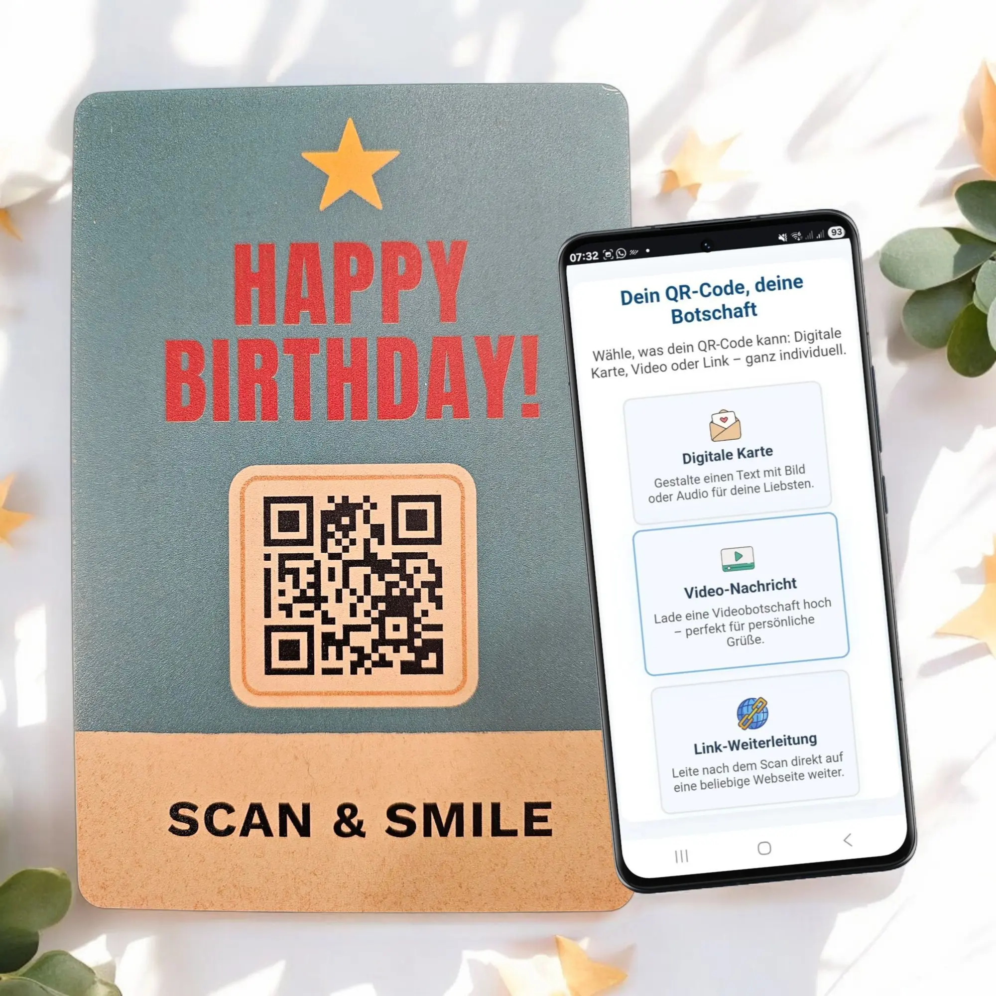 Happy Birthday Metallkarte mit Retro-Design und gelbem Stern, QR-Code und Smartphone für digitale Botschaft – personalisierbare Geburtstagskarte aus Aluminium