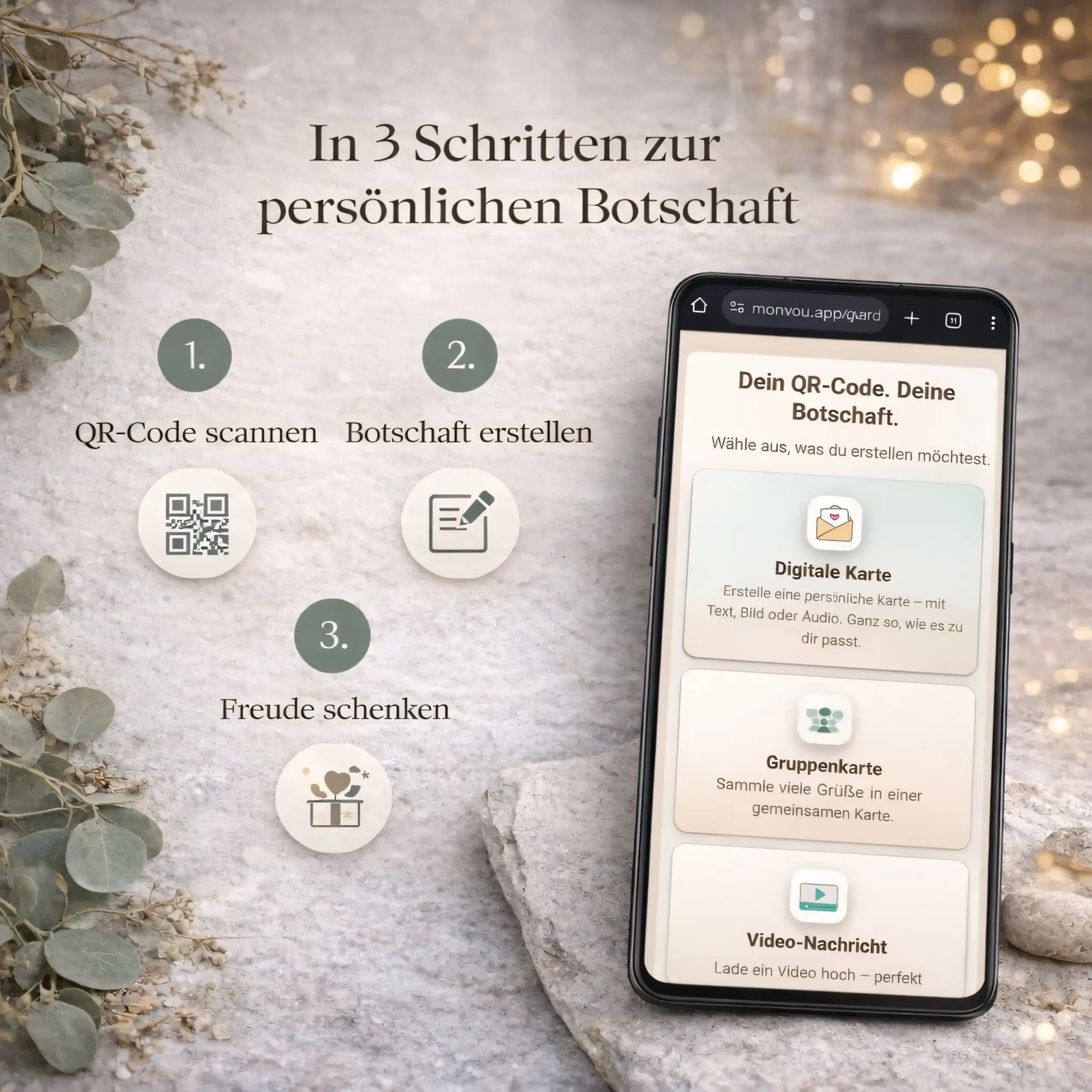 So funktioniert Monvou®: In drei Schritten zur persönlichen Botschaft – QR-Code scannen, Nachricht erstellen und Freude schenken