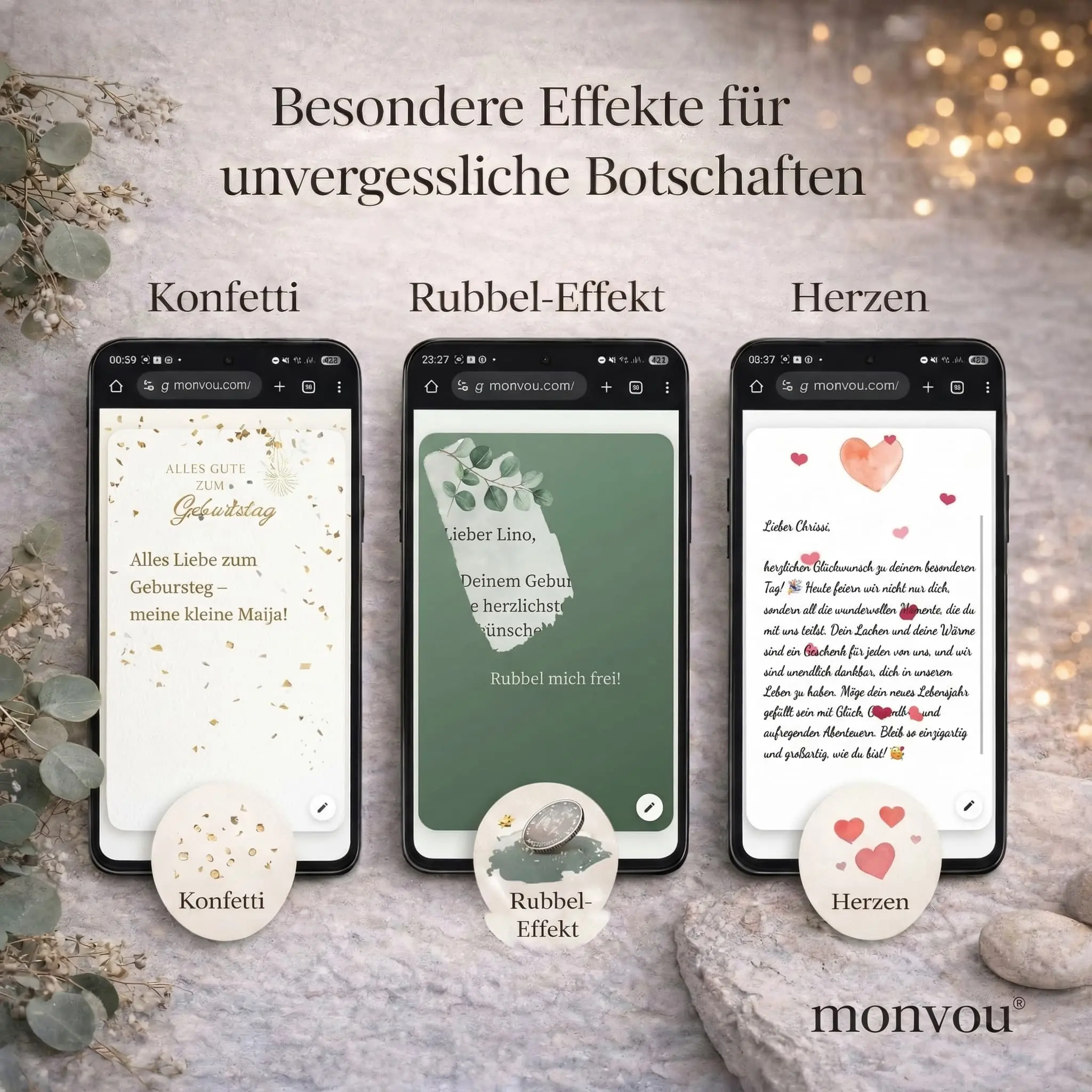 Monvou Effekte für digitale Botschaften mit Konfetti, Rubbel-Effekt und Herzen