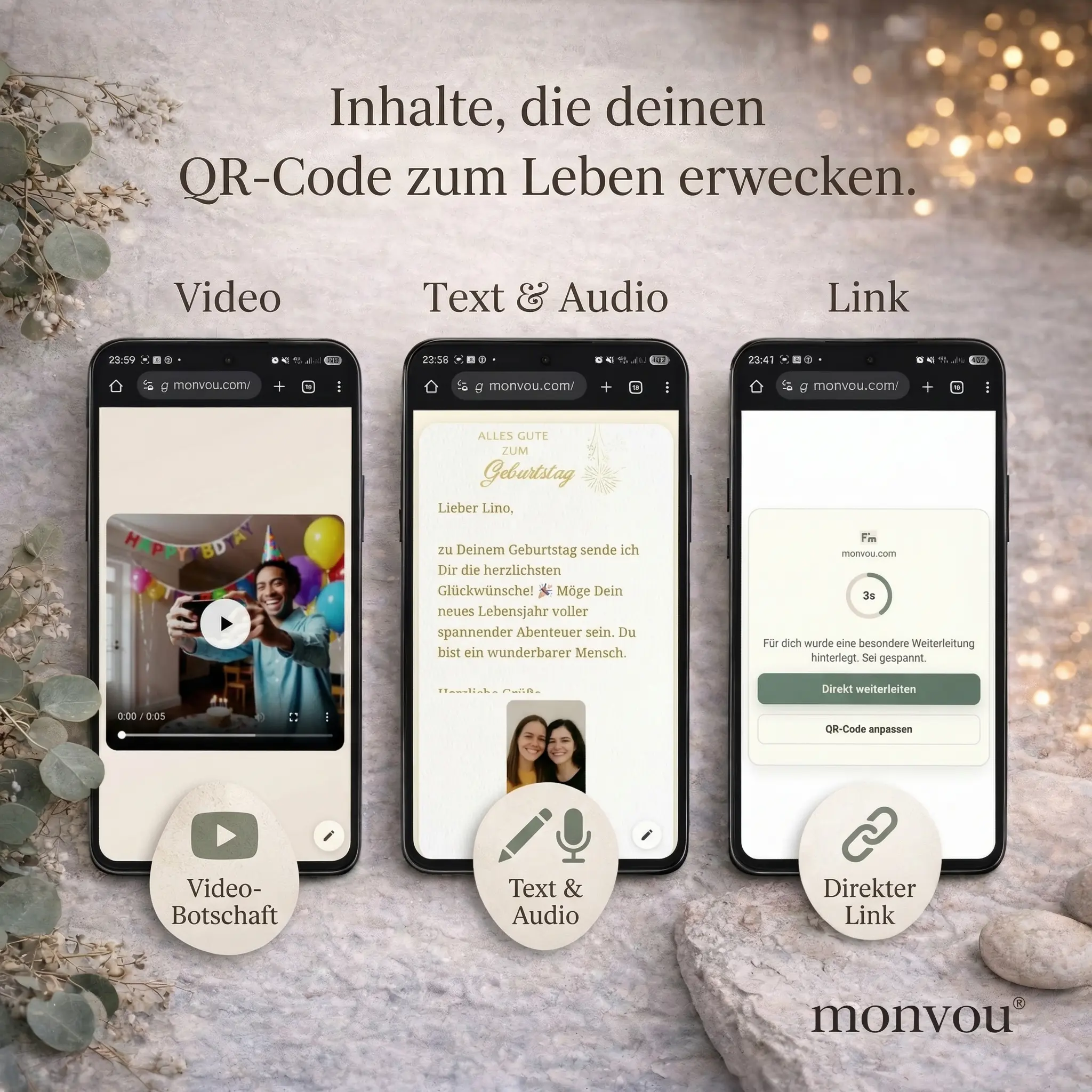 Monvou QR-Code mit Video, Text, Audio und direktem Link als digitale Botschaft